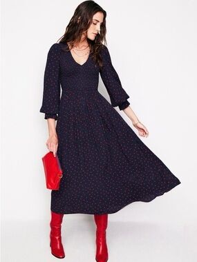 NEW Boden Gemma Polka Dot Navy Red Smocked V Neck Midi Dress size 2